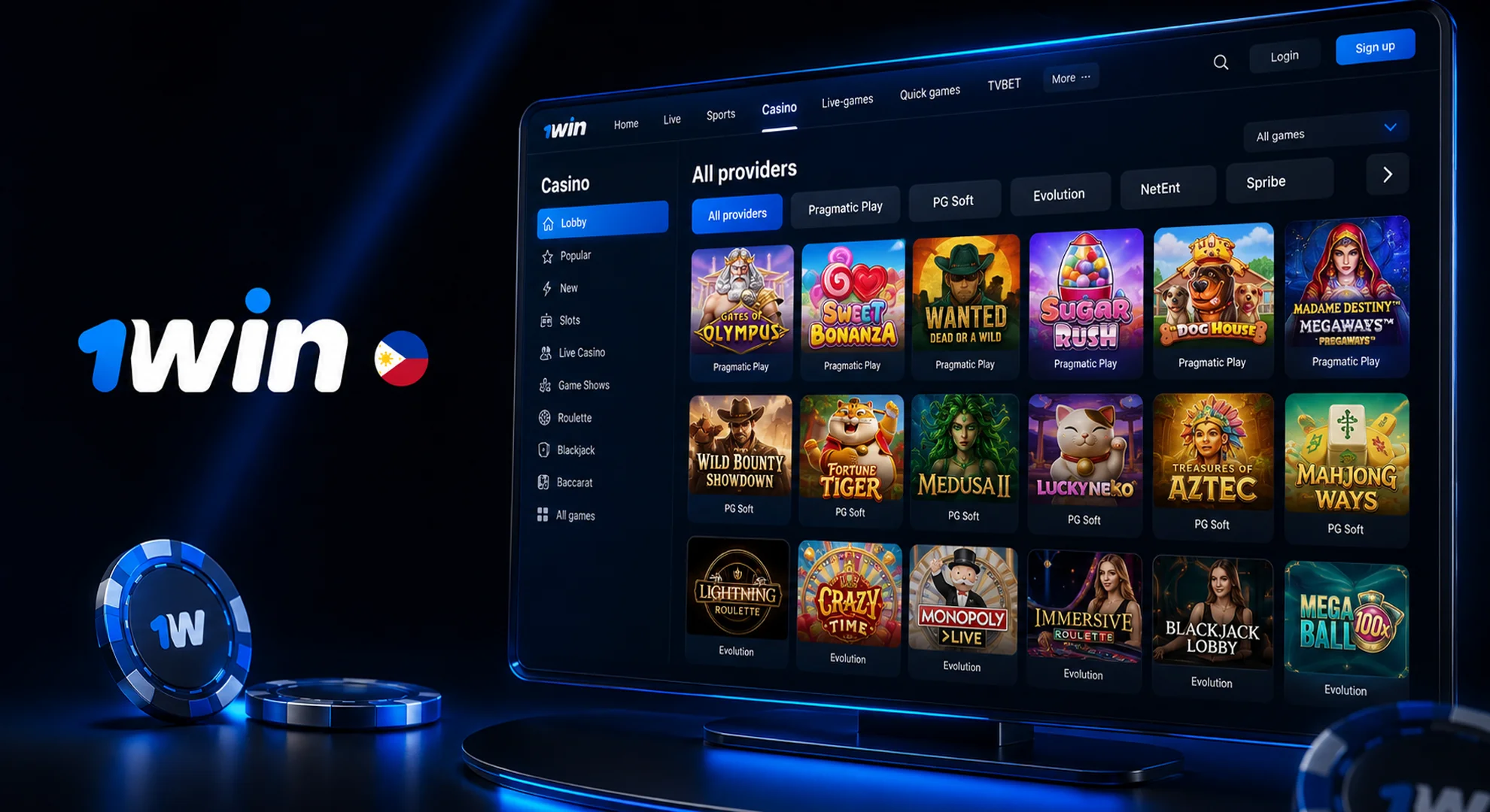 1win online casino lobby with slots and live dealer games catalog