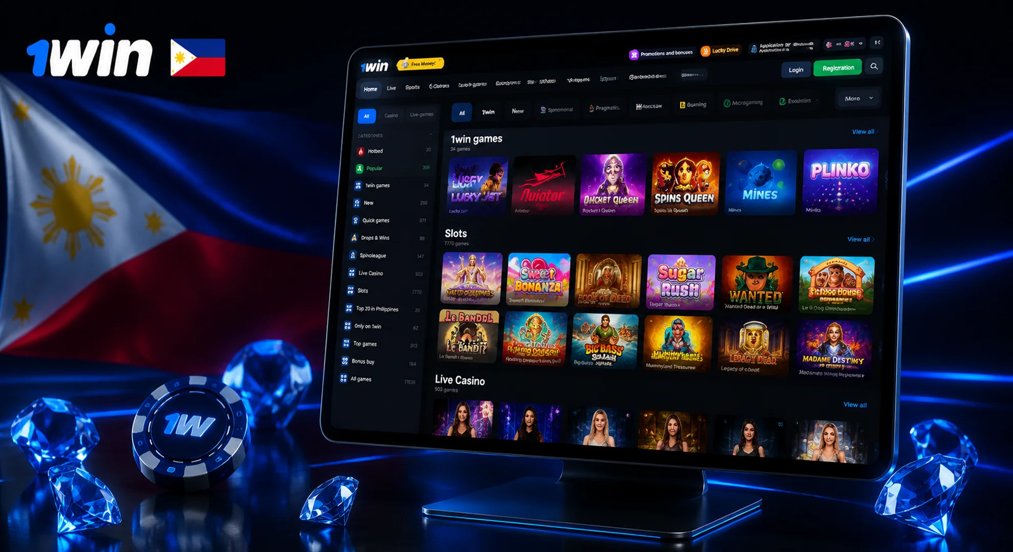 Desktop interface of 1win Casino Philippines showing slots and live games