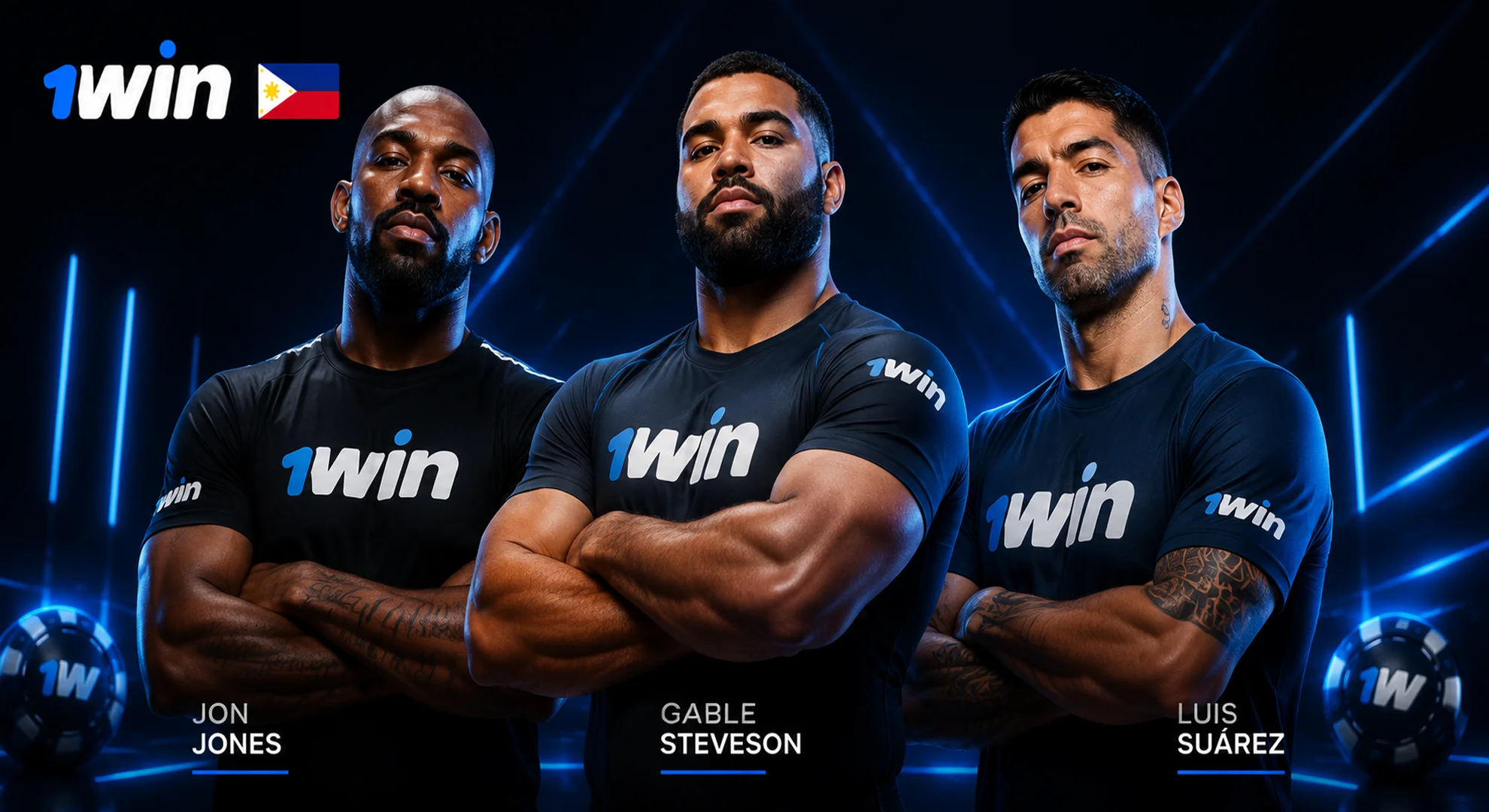 Official 1win brand ambassadors Jon Jones Gable Steveson and Luis Suarez