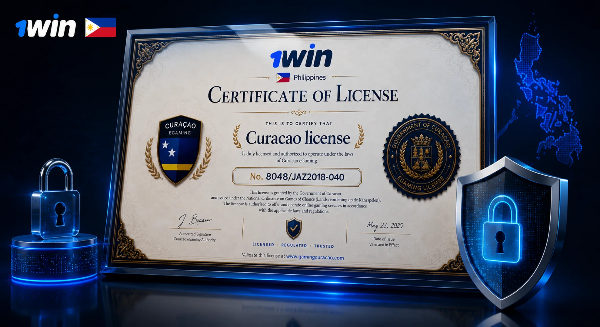 Official Curaçao license shield and data encryption security standards on 1win Philippines